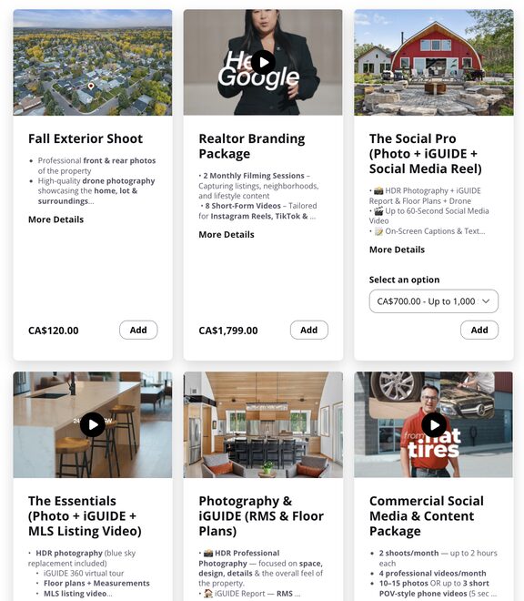 Real estate photo, video and branding packages to choose from